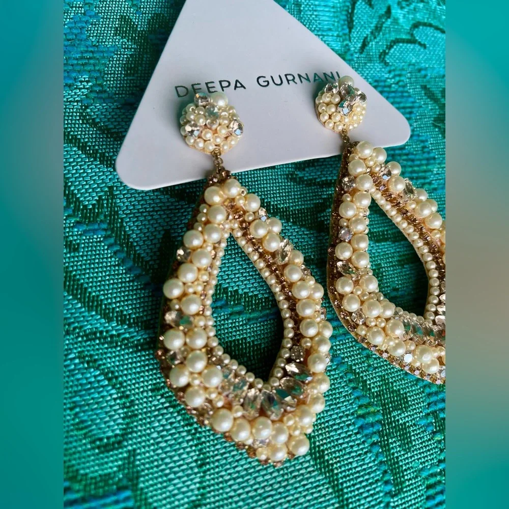 Deepa Gurnani Pearl & Rhinestone Statement Chandelier Earrings Ivory NWT - Picture 7 of 14